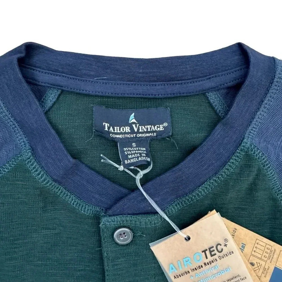 Tailor Vintage Navy Blue Green Shirt Top Tee Long Sleeve Buttons Airotec S NWT - Picture 5 of 9